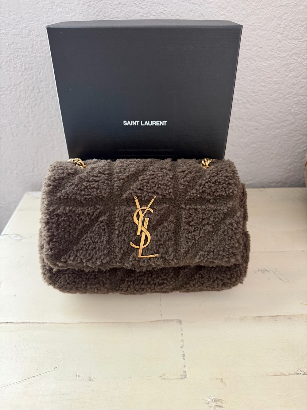 Saint Laurent Chocolate Brown Shearling YSL Chain Shoulder Bag